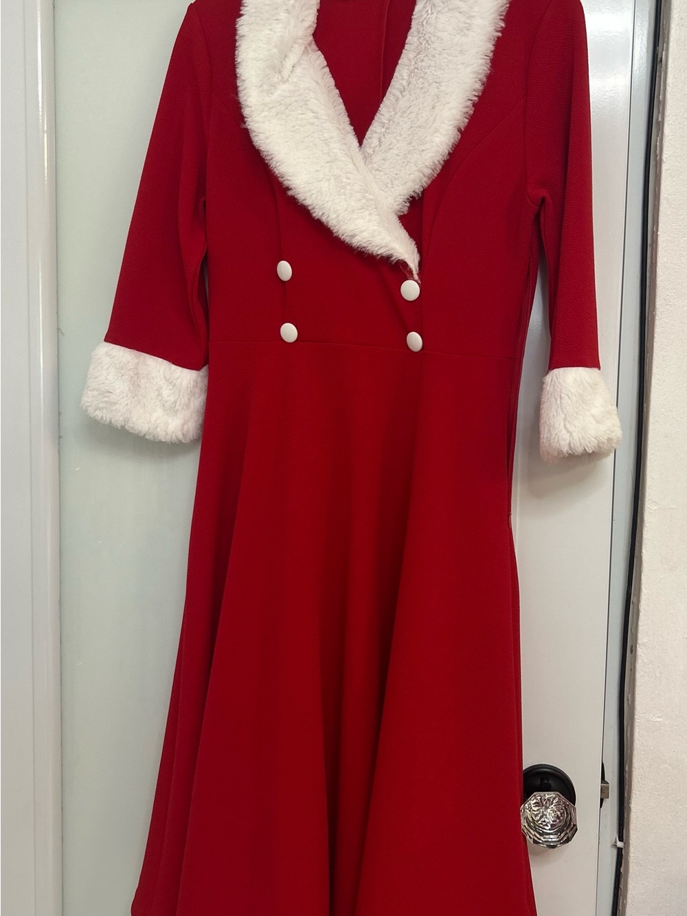 Red Mrs Claus Holiday Dress with White Faux-Fur Trim